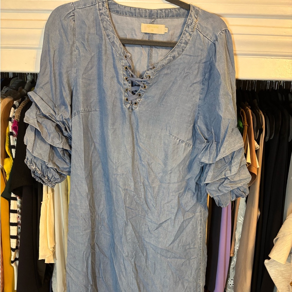 Cream Brand Blue Lace-Up Ruffle Sleeve Shirt Dress